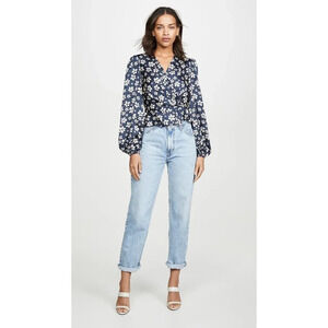 Jill Stuart Floral V-Neck Top in Marine 2 Womens Floral Blouse